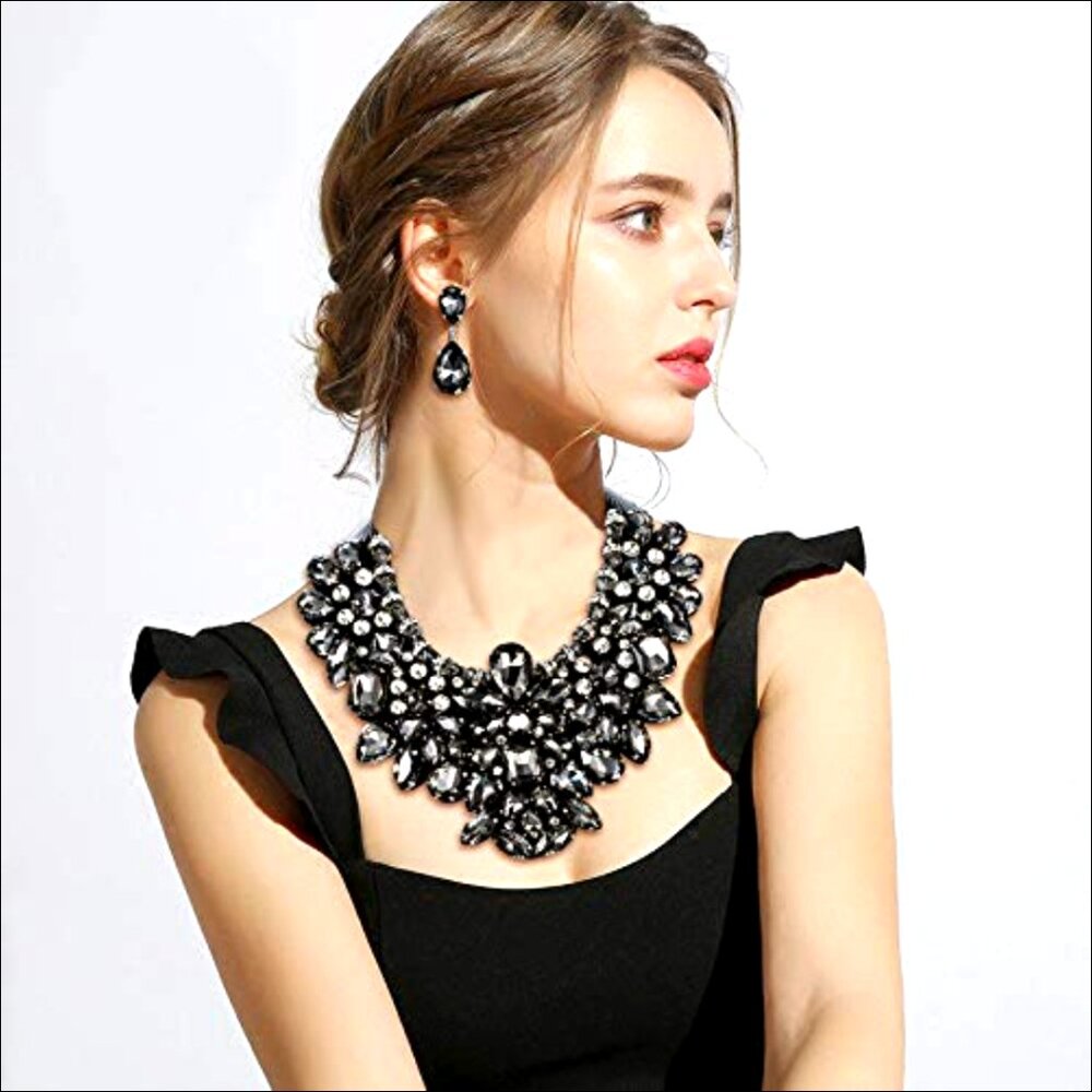 Crystal Rhinestone Statement Necklace Earrings Set Adjustable Costume Jewelry - Picture 3 of 6